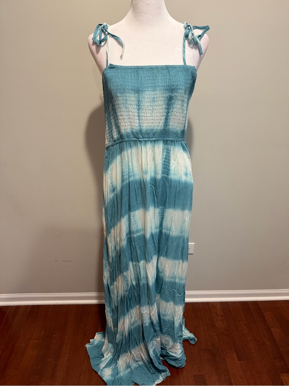 Kori Aqua and White Tie-Dye Smocked Maxi Dress with Tie Straps